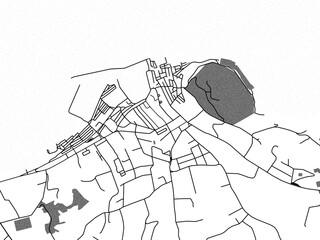 Greyscale vector city map of  Saint-Tropez in France with with water, fields and parks, and roads on a white background.
