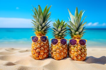 Funny pineapple in stylish sunglasses on the sand. Tropical summer vacation concept.