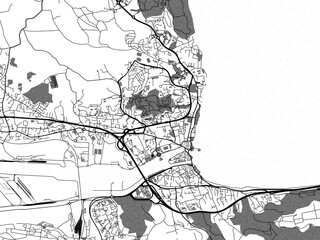 Greyscale vector city map of  Martigues in France with with water, fields and parks, and roads on a white background. - obrazy, fototapety, plakaty