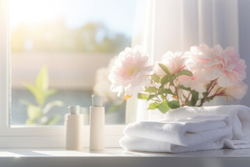 Obraz na płótnie Canvas Pamper your skin with these soft, skin-friendly, white towels. Recharge your beauty, health, and mood after your morning face wash or bath. Embrace the concept of cleanliness and refreshment.