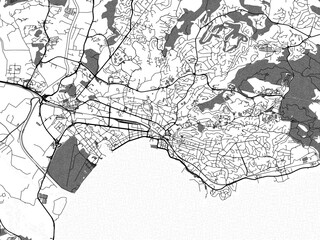 Greyscale vector city map of  Frejus in France with with water, fields and parks, and roads on a white background.