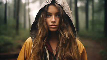 Young adult attractive European woman in  forest, beautiful lady pretty model with curly hair, freckles looking at camera on outdoor, close up face portrait. Hippie style, natural beauty