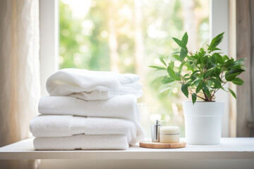 Experience the rejuvenating concept of purity with these soft, skin-friendly, white towels. Start your day anew with beauty, health, and refreshed spirits after your morning skincare or bath.