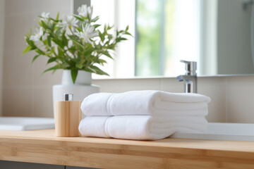 Obraz na płótnie Canvas Treat your skin to the softness of these gentle, clean, white towels. Start your day with a fresh outlook on beauty, health, and well-being after your morning skincare or bath routine.