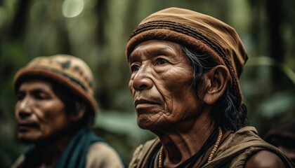 Smiling seniors in traditional clothing, outdoors, looking at camera generated by AI