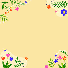 Spring background. Floral card with hand drawn blooming flower and leaves. Vector illustration