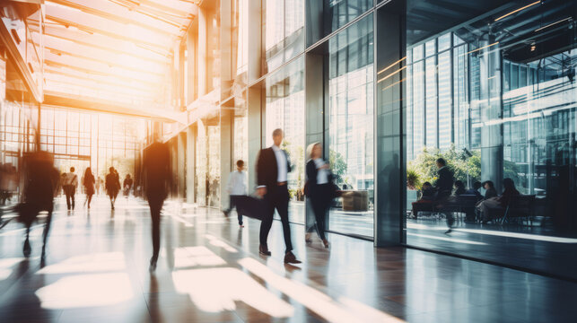 People Walking In Modern Business Office Workspace