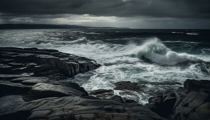 Obraz premium Rough seas crash against dramatic coastline, beauty in nature motion generated by AI