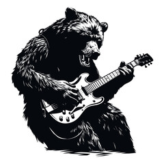 Bear playing guitar illustration, isolated on transparent background, Generative Ai.