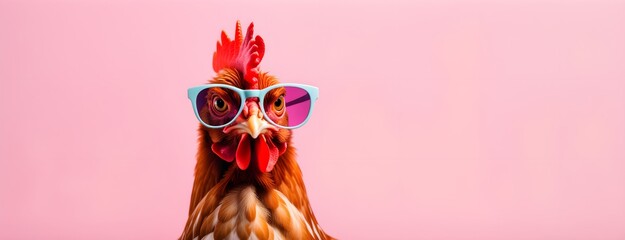 Chicken hen in sunglass shade on a solid uniform background, editorial advertisement, commercial. Creative animal concept. With copy space for your advertisement