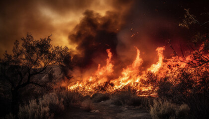 Glowing bonfire burns in the dark forest, causing environmental damage generated by AI