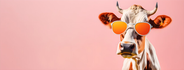 Cow in sunglass shade on a solid uniform background, editorial advertisement, commercial. Creative animal concept. With copy space for your advertisement