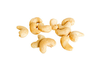 pile cashew nuts isolated on white background, top view. Flat lay Healthy food concept