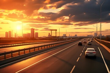 Highway traffic in sunset. 