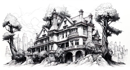 Black and white drawing of lovely house villa with trees. Concept generated AI image illustration. Comics illustrations concept