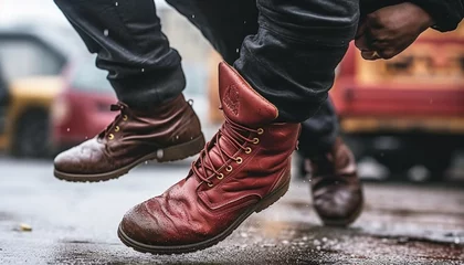 Fotobehang Dirty boots walking through wet autumn nature, adventure in fashion generated by AI © Stockgiu