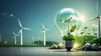 Light from a light bulb powered by a wind turbine: The green energy concept innovation brings us closer to a brighter, greener future. - obrazy, fototapety, plakaty