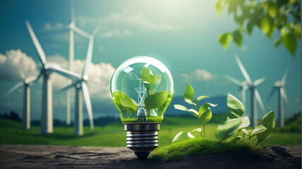 Light from a light bulb powered by a wind turbine: The green energy concept innovation brings us closer to a brighter, greener future.