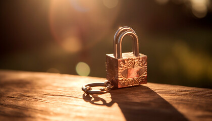 Metallic padlock symbolizes security and safety with selective focus foreground generated by AI - obrazy, fototapety, plakaty