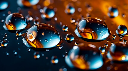 Abstract background with water drops on a glossy horizontal surface.