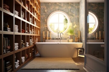 Bathroom with bookshelves as background in an interior setting. Generative AI