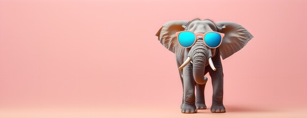 Elephant in sunglass shade on a solid uniform background, editorial advertisement, commercial. Creative animal concept. With copy space for your advertisement