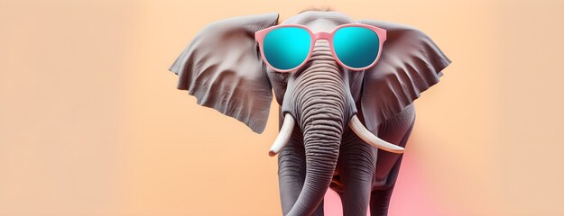 Elephant in sunglass shade on a solid uniform background, editorial advertisement, commercial. Creative animal concept. With copy space for your advertisement