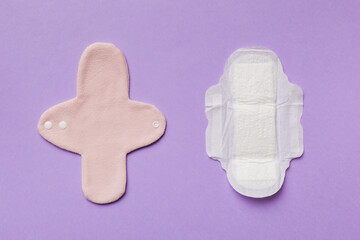 set of colorful bright reusable menstrual pads. zero waste woman periods concept top view with copy space