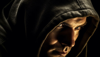 Sadness and mystery in the eyes of a hooded man generated by AI