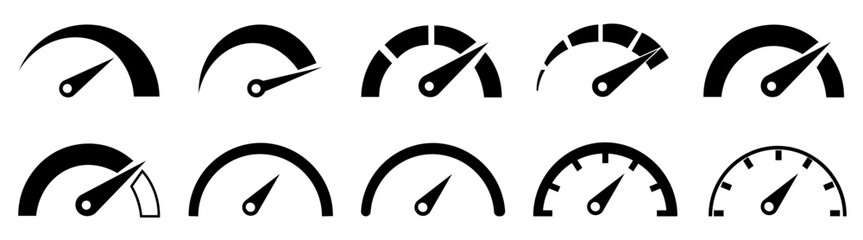 Speedometer, tachometer black icons. Speedometer indicator icon collection. Speed indicator icons on a white background. EPS 10