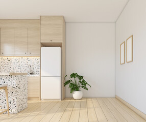 Morning light in Japandi style kitchen room decorated with minimalist kitchen cabinetry and Terrazzo wall. There are indoor plant and free space in the room. 3d rendering