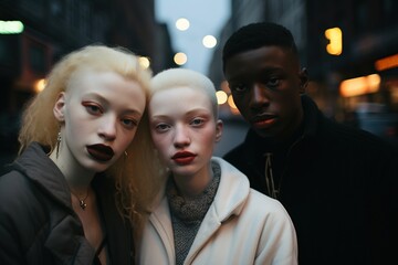 Close-up portrait of two individuals, one with albinism and the other with vitiligo, both showcasing unique beauty standards, standing against the city streets at night, looking directly at the camera