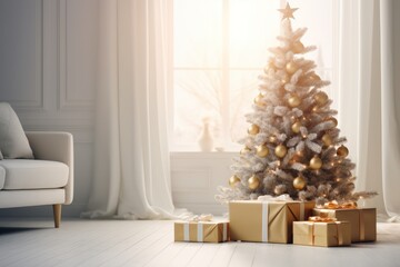 Christmas green tree and gift box on the floor in the living room. AI generative