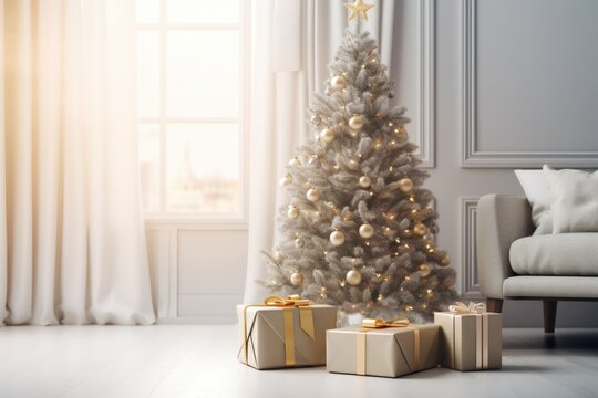 Christmas green tree and gift box on the floor in the living room. AI generative