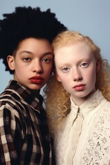 Obraz premium Close-up portrait of two individuals, one with albinism and the other with vitiligo, both showcasing unique beauty standards, standing against a muted gradient backdrop, looking directly at the camera