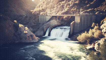 Fototapeta premium Hydroelectric power station generates electricity from flowing water in mountains generated by AI