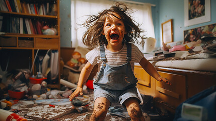 A child makes a mess in his room, scattering chocolate and screaming like a monster.