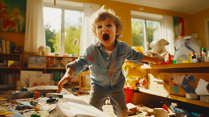 A child cluttering up his room and making noise like a monster. - obrazy, fototapety, plakaty