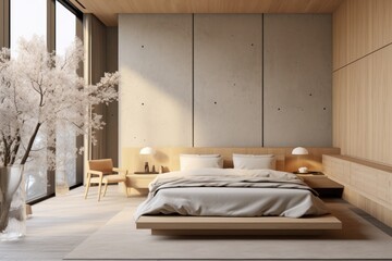 Japandi interior design concept. Double bed, parquet. Japanese minimalist interior. - obrazy, fototapety, plakaty