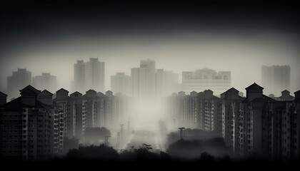Silhouette of modern skyscrapers in black and white cityscape generated by AI