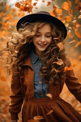 The concept of a happy girl walking under the falling leaves in autumn.