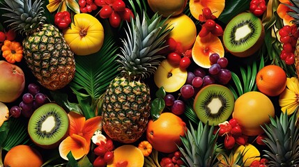  a bunch of fruit is shown with pineapples, oranges, kiwis, grapes, and kiwis. generative ai