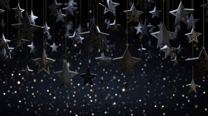 Sparkling stars on black background. Black Friday sale, Christmas, New Year concept. Festive elegant abstract dark glitter illustration..