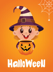 Vector poster for Halloween. A little witch girl in a hat with a basket in the form of a Halloween pumpkin and a spider web on an orange background.