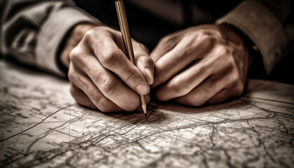 Obraz premium Architect businessman holding blueprint, planning construction industry success indoors generated by AI