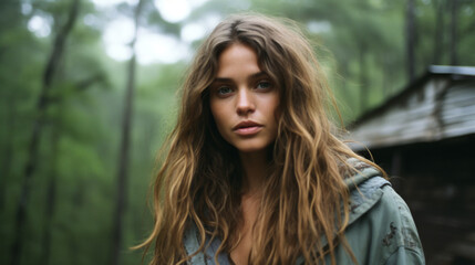 Young adult attractive European woman in  forest, beautiful lady pretty model with curly hair, freckles looking at camera on outdoor, close up face portrait. Hippie style, natural beauty