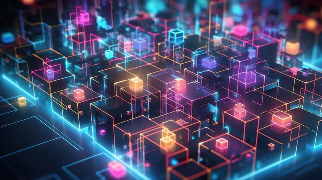 Futuristic metaverse and blockchain technology network concept with digital cubes blocks in glowing style on black background. Black Friday, Cyber Monday concept. Modern abstract design illustration..