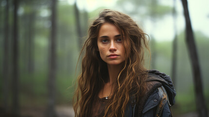 Young adult attractive European woman in  forest, beautiful lady pretty model with curly hair, freckles looking at camera on outdoor, close up face portrait. Hippie style, natural beauty