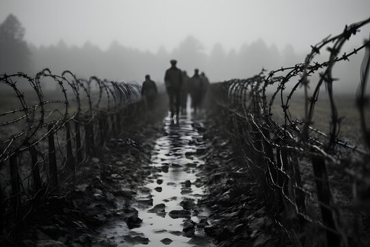  Barbed wire on war front line at World War One, black and white photo.