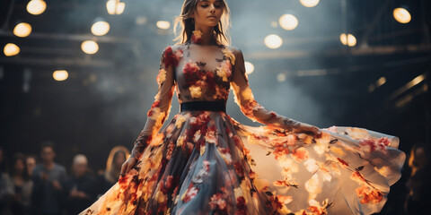 Naklejka premium Female Model on Runway Fashion Show Catwalk in a Floral Dress Vibrant Colorful Beautiful Elegant Flowery Flowers Concept of Wedding Evening Dress